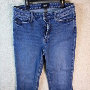 PAIGE Colette Crop Flare Jeans Women's 30x26 Button Fly Raw Hem USA Blue Denim